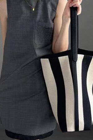 Black And White Contrast Color Wide Shoulder Striped Canvas Bag