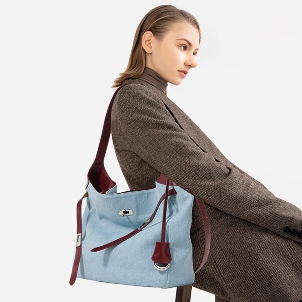 Top Layer Cowhide With Denim Fashion All-match Large Capacity Shoulder Tote Bag - Image 2