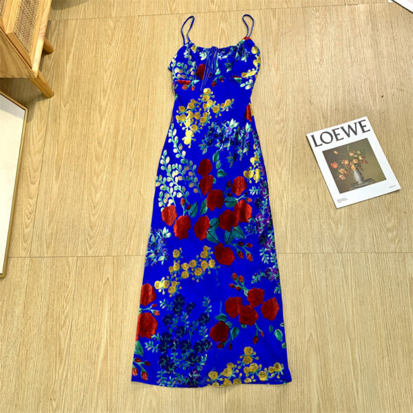 Women's Blue Velvet Burnt Flower Hollow Open Back Slim Slim Strap Dress - Image 4