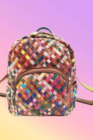 Women's Stitching Color Cowhide Hand-woven Backpack