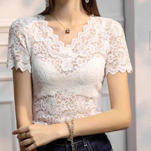 V-neck Hollow Sexy Lace Bottoming Shirt Innerwear Short Sleeve - Image 2