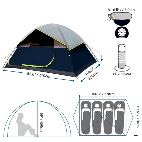 4 Person Black Coated Darkroom Tent For Camping Family Backpacking Tents - Image 3