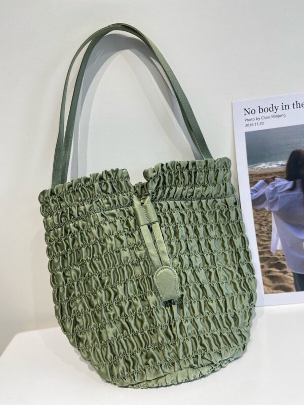 Women's Silk Pleated Drawstring Tote Shoulder Bag - Image 3