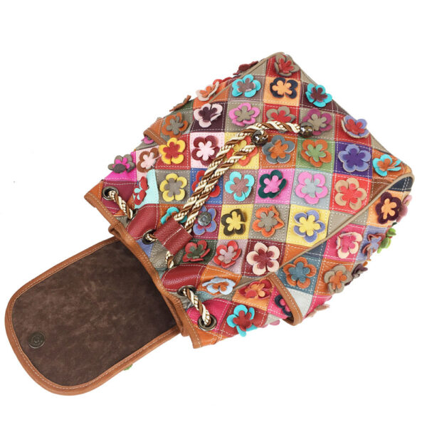 Cowhide Patchwork Diamond Checkered Flower Retro Style Backpack - Image 7