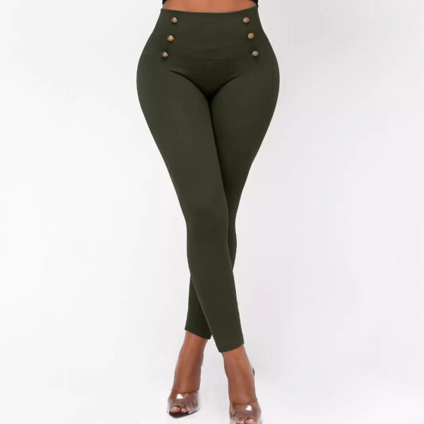 High Waist Button Solid Color Slim Fit Hip Skinny Pants - Image 5