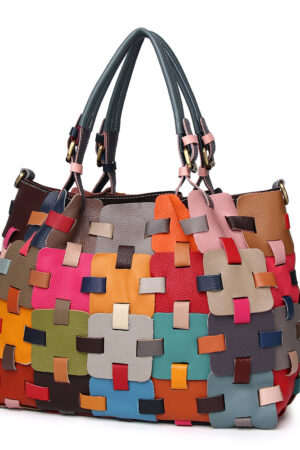 First Layer Cowhide Multi-color Blocks Handbag
