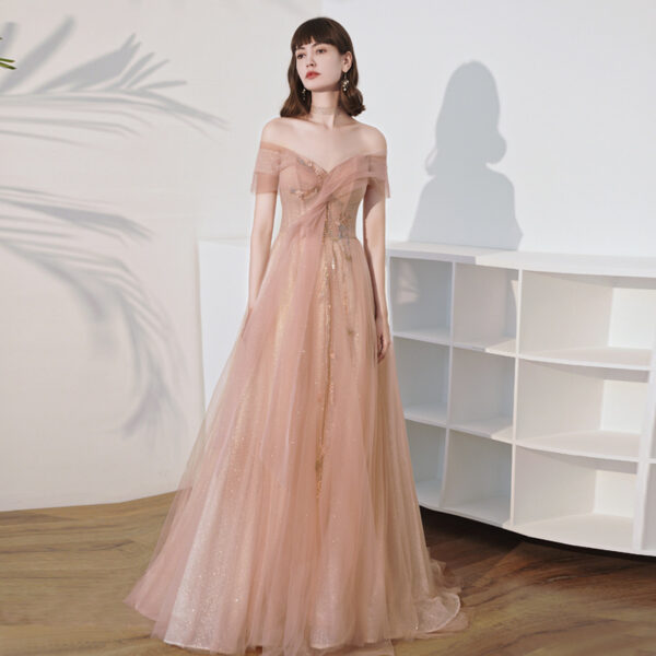 One Shoulder Slim Fairy Aura Light Gauze Bridesmaid Dress - Image 6