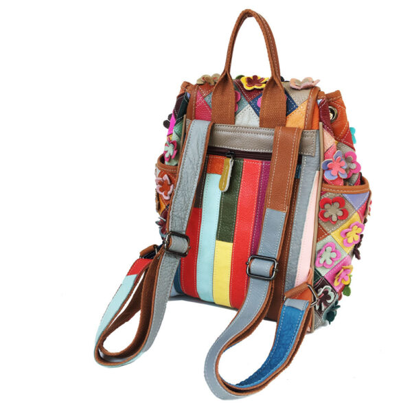 Cowhide Patchwork Diamond Checkered Flower Retro Style Backpack - Image 8