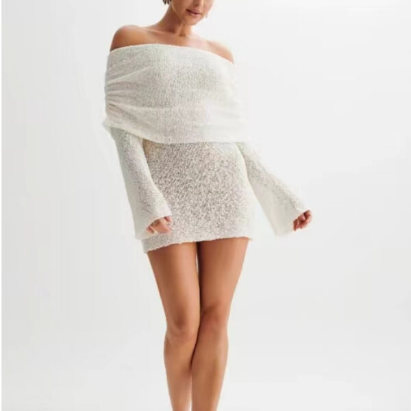 Women's Spring Summer Knitted Dress Elegant Party Boat Neck Dress Infant Off Shoulder Bodycon Long Sleeve Fuzzy Short Club Chic Mini Dress - Image 4