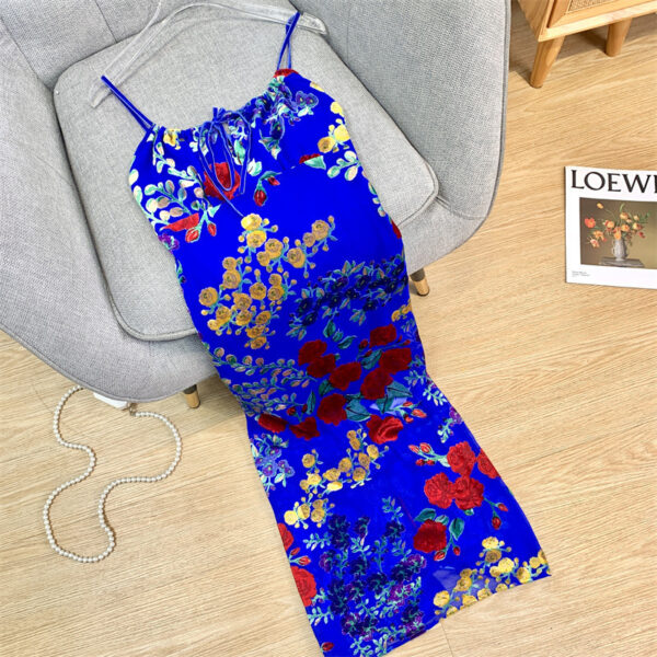 Women's Blue Velvet Burnt Flower Hollow Open Back Slim Slim Strap Dress - Image 3