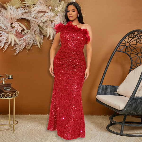 Black Paillette Feather Stitching Sequin Sexy Evening Dress Women - Image 3