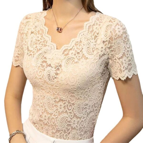 V-neck Hollow Sexy Lace Bottoming Shirt Innerwear Short Sleeve - Image 4