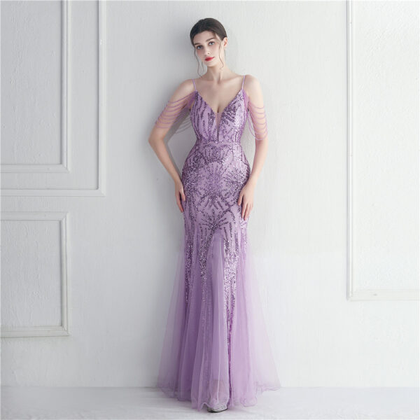 Mesh Beaded Bridal Wedding Dinner Long Camisole Evening Gown - Image 3