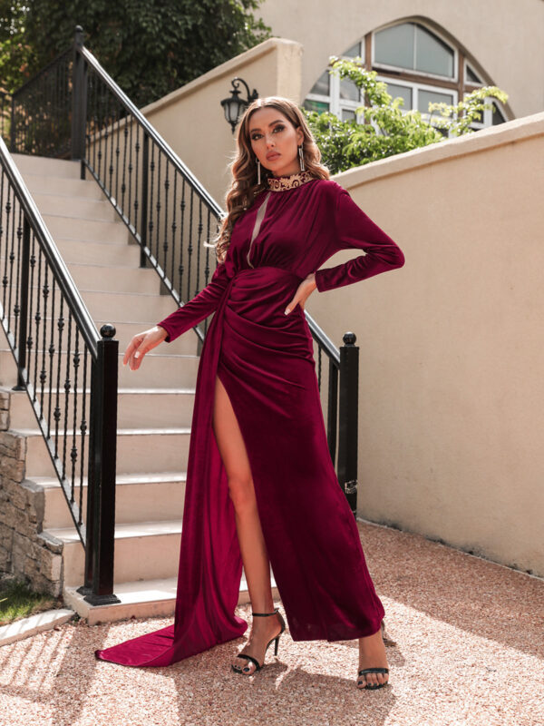 Women's Korean Velvet High Neck Sexy Evening Dress - Image 7