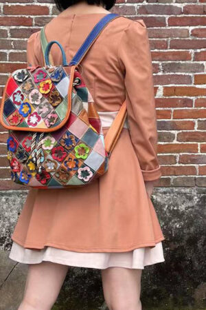 Women's Fashion Casual Rhombus Color Matching Leather Backpack