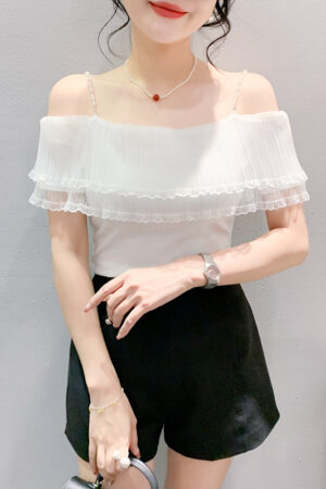 Pleated Lace Stitching Off-neck Sweet Short Sleeve
