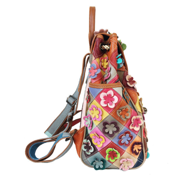 Cowhide Patchwork Diamond Checkered Flower Retro Style Backpack - Image 5