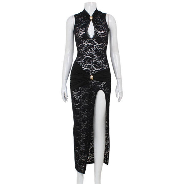 Sexy Hollow Out Lace Sleeveless Slim Fit High Slit Dress - Image 5