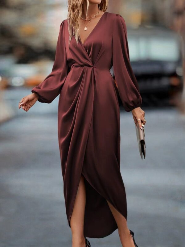 Temperament Pure Color Waist-tight Split V-neck Dress Women - Image 4