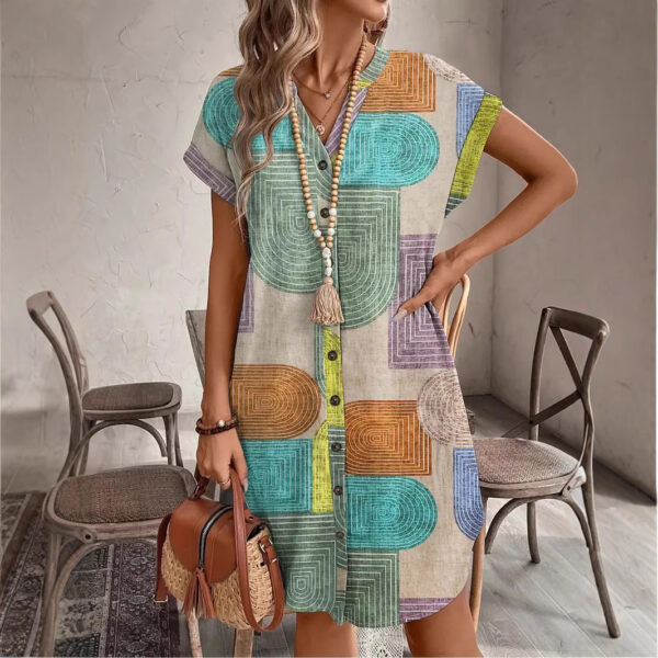 Printed Woven Elegant V-neck Button Dress - Image 3