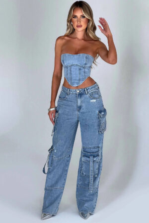 Women's Suit Low Waist Three-dimensional Tube Top And Pocket Stitching Jeans Pants