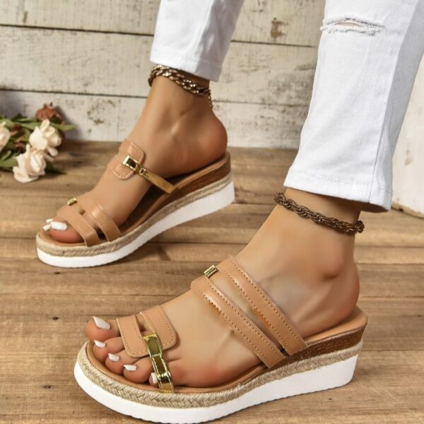 Colorblock-strap Wedges Sandals Summer Fashion Hemp Heel Slides Slippers Outdoor Thick Bottom Fish Mouth Shoes For Women - Image 5