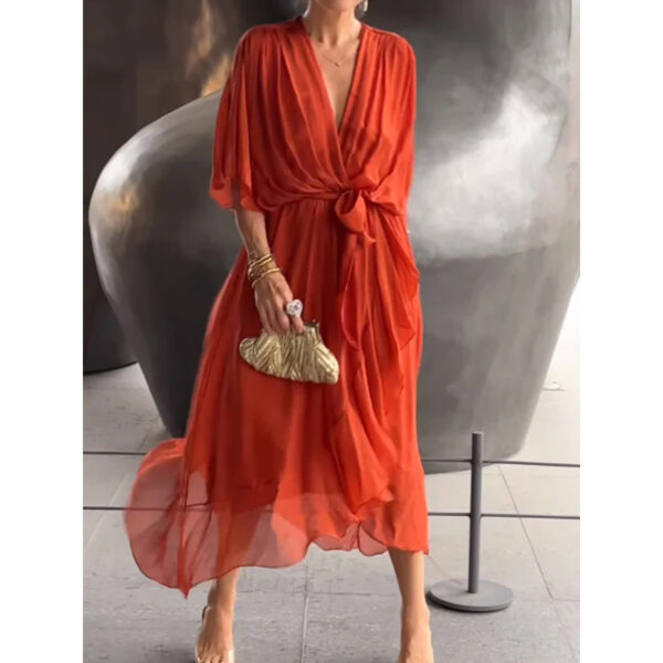 Batwing Sleeve V-neck Dress Summer Pure Color Tied Irregular Long Dresses Womens Clothing - Image 2