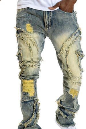 Men's Patchwork Fringe Slightly Flared Stretch Jeans
