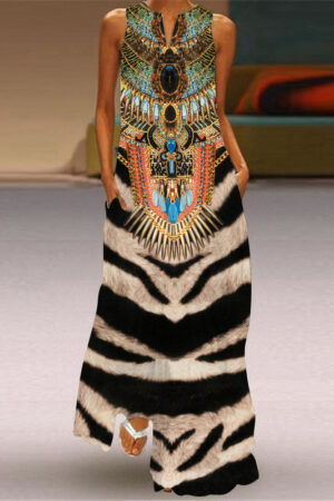 Digital Printed V-Neck Sleeveless Long Dress With Pockets European And American Dress