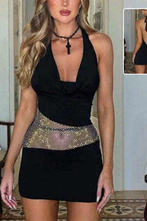 Sexy Slim Deep U-neck Dress With Sequin Mesh Patchwork Design Ins Fashion Halter Short Dresses Women's Clothing