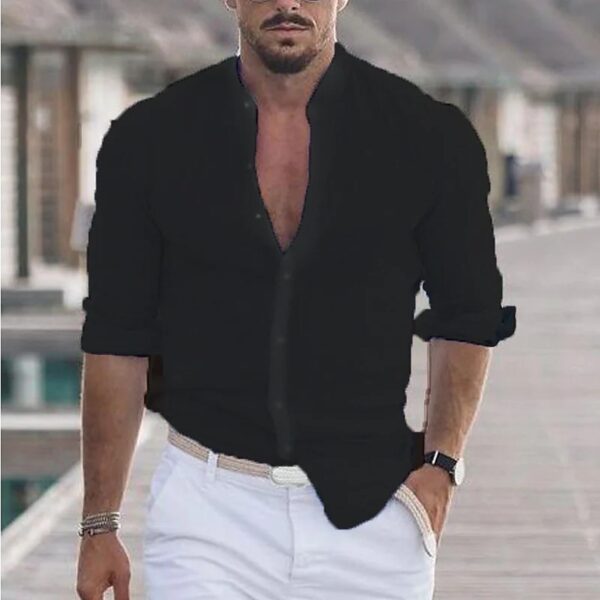 Men's Solid Color Casual Long Sleeve Shirt - Image 4