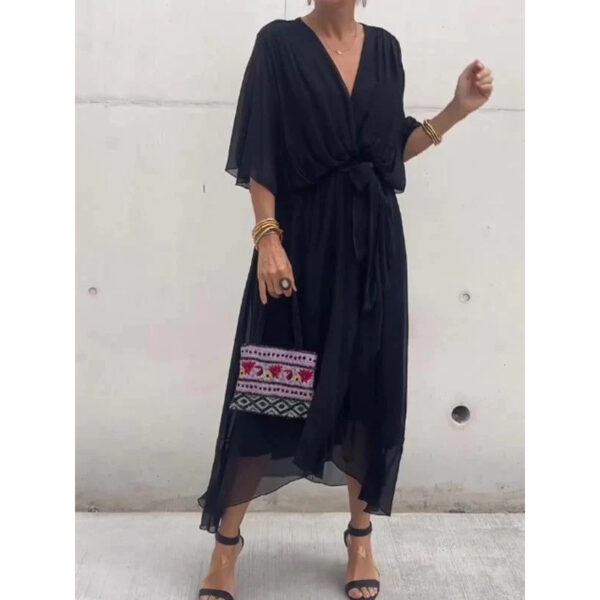 Batwing Sleeve V-neck Dress Summer Pure Color Tied Irregular Long Dresses Womens Clothing - Image 5