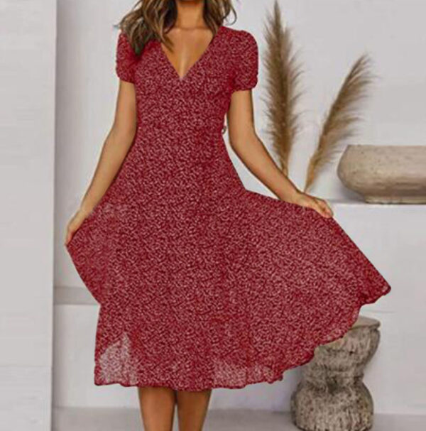 Printed V-Neck Short-Sleeved Lace-Up Dress - Image 7