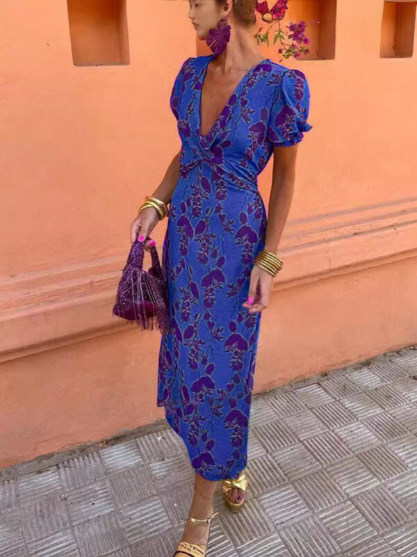 Summer V-neck Short-sleeved Dress Fashion Flowers Printed Slim Beach Dresses For Women Clothing - Image 9
