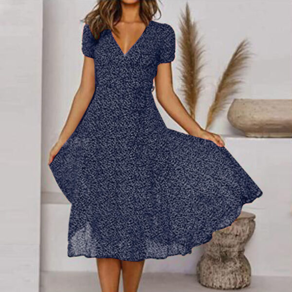 Printed V-Neck Short-Sleeved Lace-Up Dress - Image 4