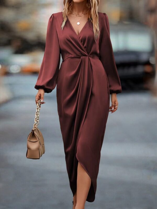 Temperament Pure Color Waist-tight Split V-neck Dress Women - Image 2