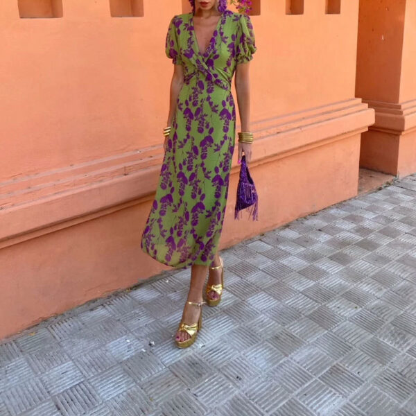 Summer V-neck Short-sleeved Dress Fashion Flowers Printed Slim Beach Dresses For Women Clothing - Image 5