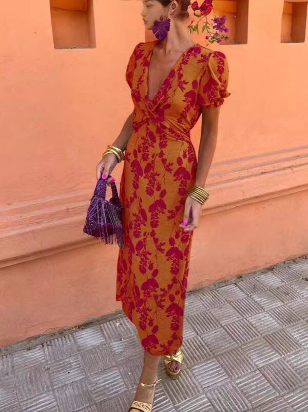 Summer V-neck Short-sleeved Dress Fashion Flowers Printed Slim Beach Dresses For Women Clothing - Image 8