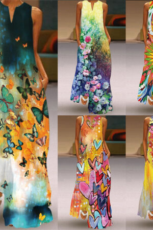Butterfly Print Long Dress V-Neck Sleeveless