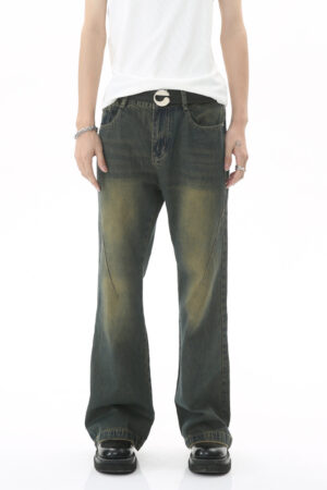 Men's Hong Kong Style Retro Distressed Blue Mid-high Waist Loose Jeans