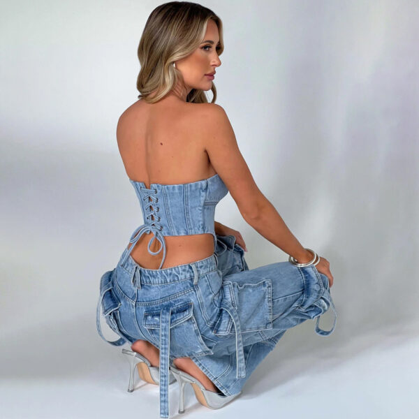 Women's Suit Low Waist Three-dimensional Tube Top And Pocket Stitching Jeans Pants - Image 3