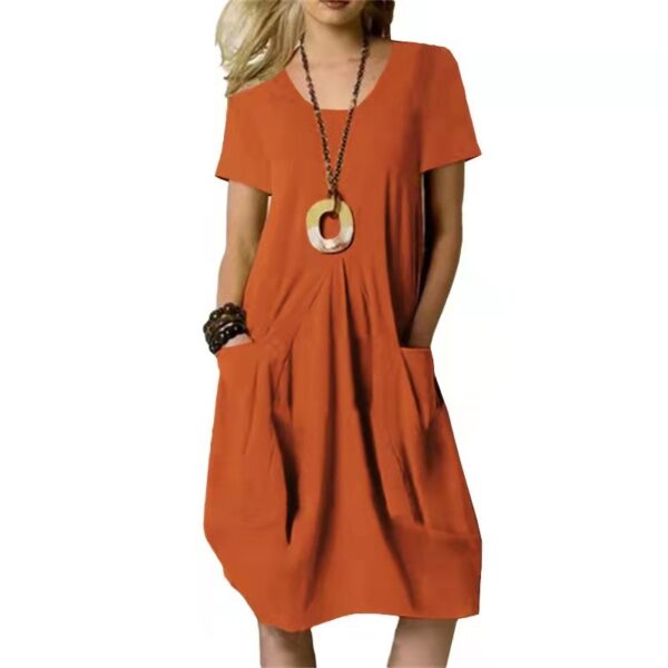 Cotton And Linen Solid Color Loose Round Neck Short Sleeve Dress - Image 4