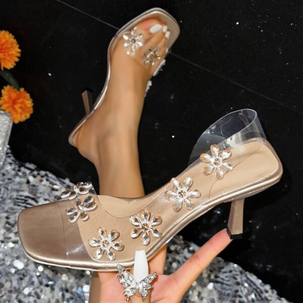 New Sandals For Women Summer Transparent PVC Rhinestone Flowers Slingback Pumps Elegant Square Toe Female Sexy High Heels - Image 5