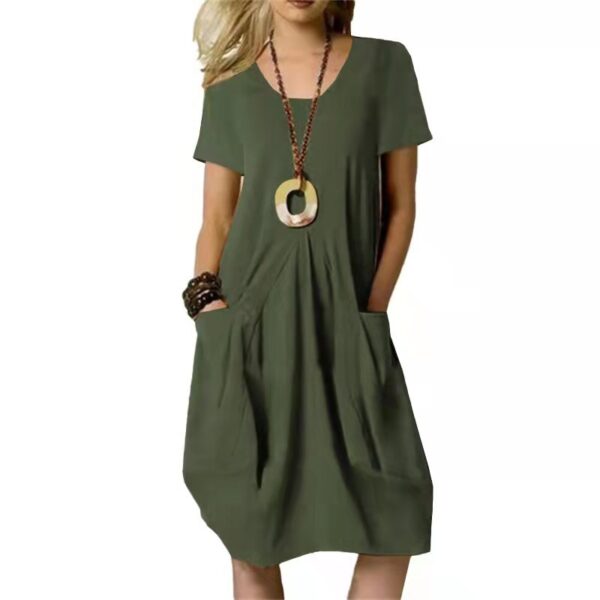 Cotton And Linen Solid Color Loose Round Neck Short Sleeve Dress - Image 3