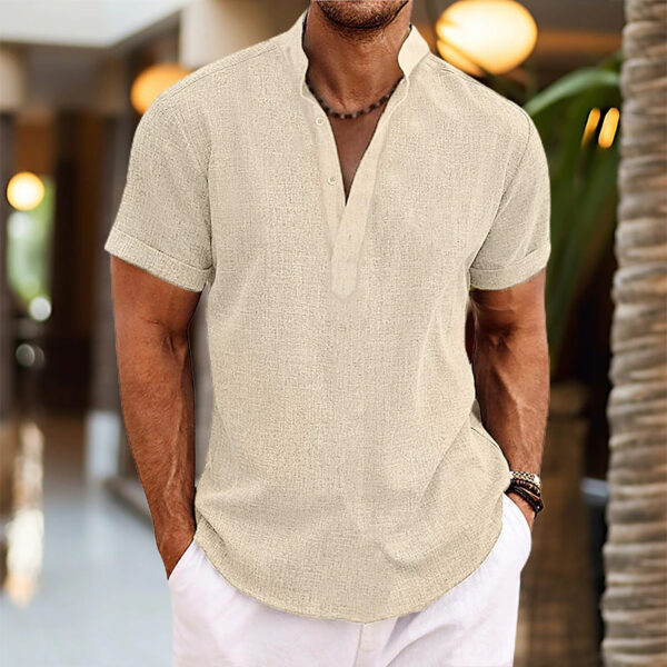 Stand Collar Men's Half Cardigan Cotton And Linen Short Sleeve Shirt - Image 9