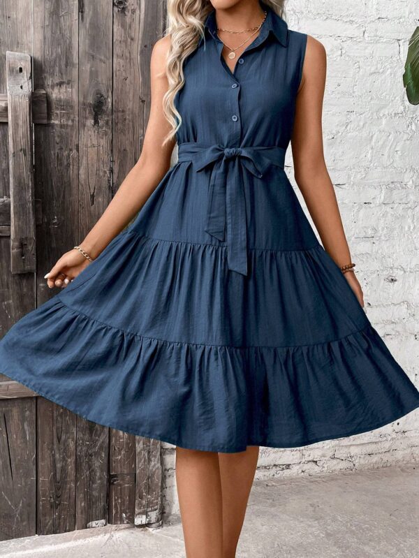Ruffle Hem Belted Shirt Dress Maxi Vacation Beach Outfits Women - Image 2
