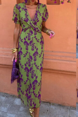 Summer V-neck Short-sleeved Dress Fashion Flowers Printed Slim Beach Dresses For Women Clothing