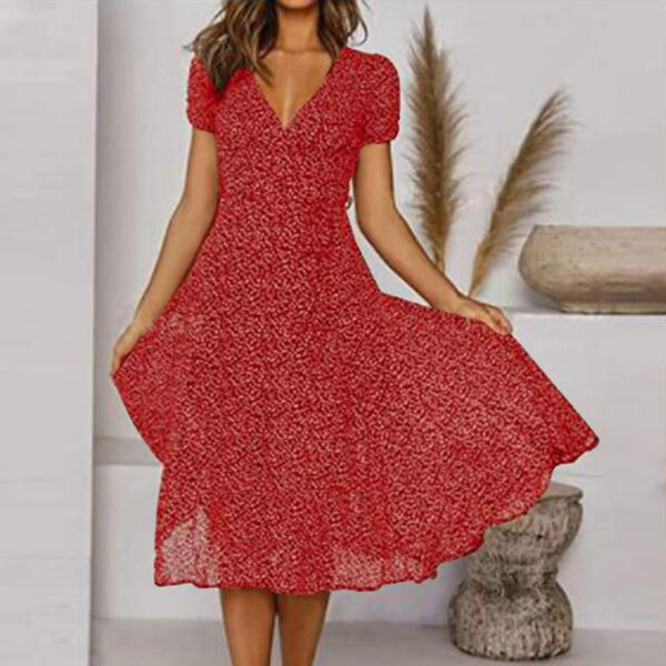 Printed V-Neck Short-Sleeved Lace-Up Dress - Image 6
