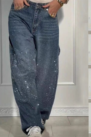 Ins Shiny Straight Jeans With Pockets Fashion Loose Wide-leg Pants For Women Street-style Trousers