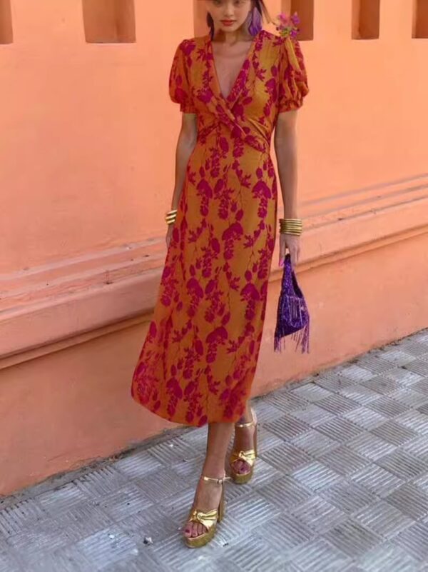 Summer V-neck Short-sleeved Dress Fashion Flowers Printed Slim Beach Dresses For Women Clothing - Image 3